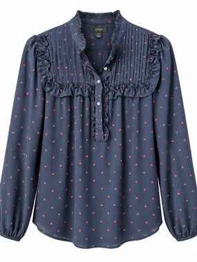 J.Crew Navy Heart Print Ruffle Neck Popover Blouse XS